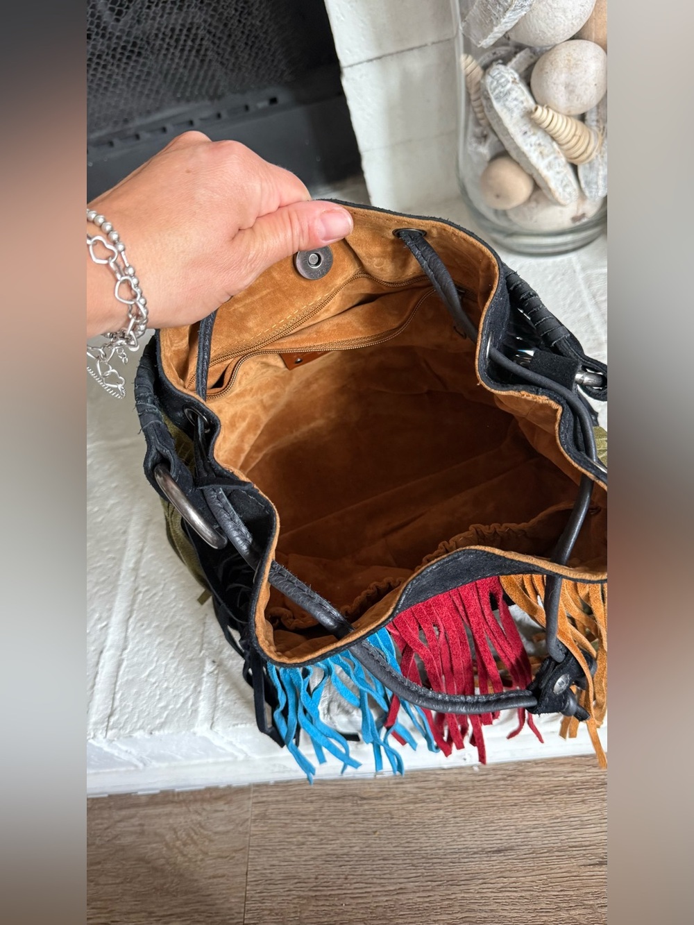 Patricia Nash Elisa Black Suede Multicolor Fringe Bucket Bag Boho Western - Picture 7 of 12